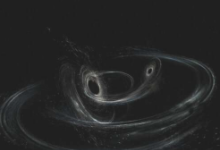 艺术家的构想显示了两个黑洞的碰撞