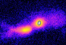 两个碰撞星系中出现的相对论射流的首次确定探测