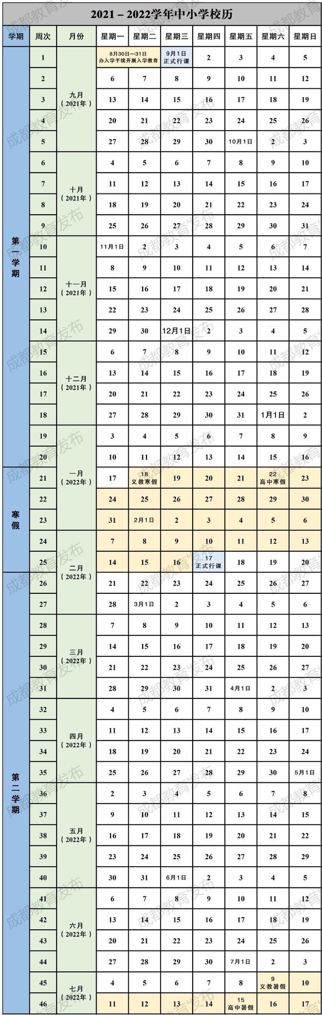 2021-2022成都中小学校历 寒假时间公布