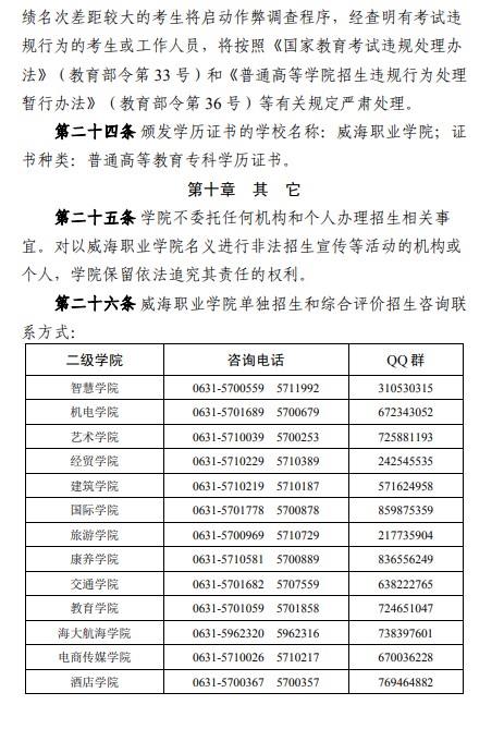 威海职业学院单招和综合评价招生简章